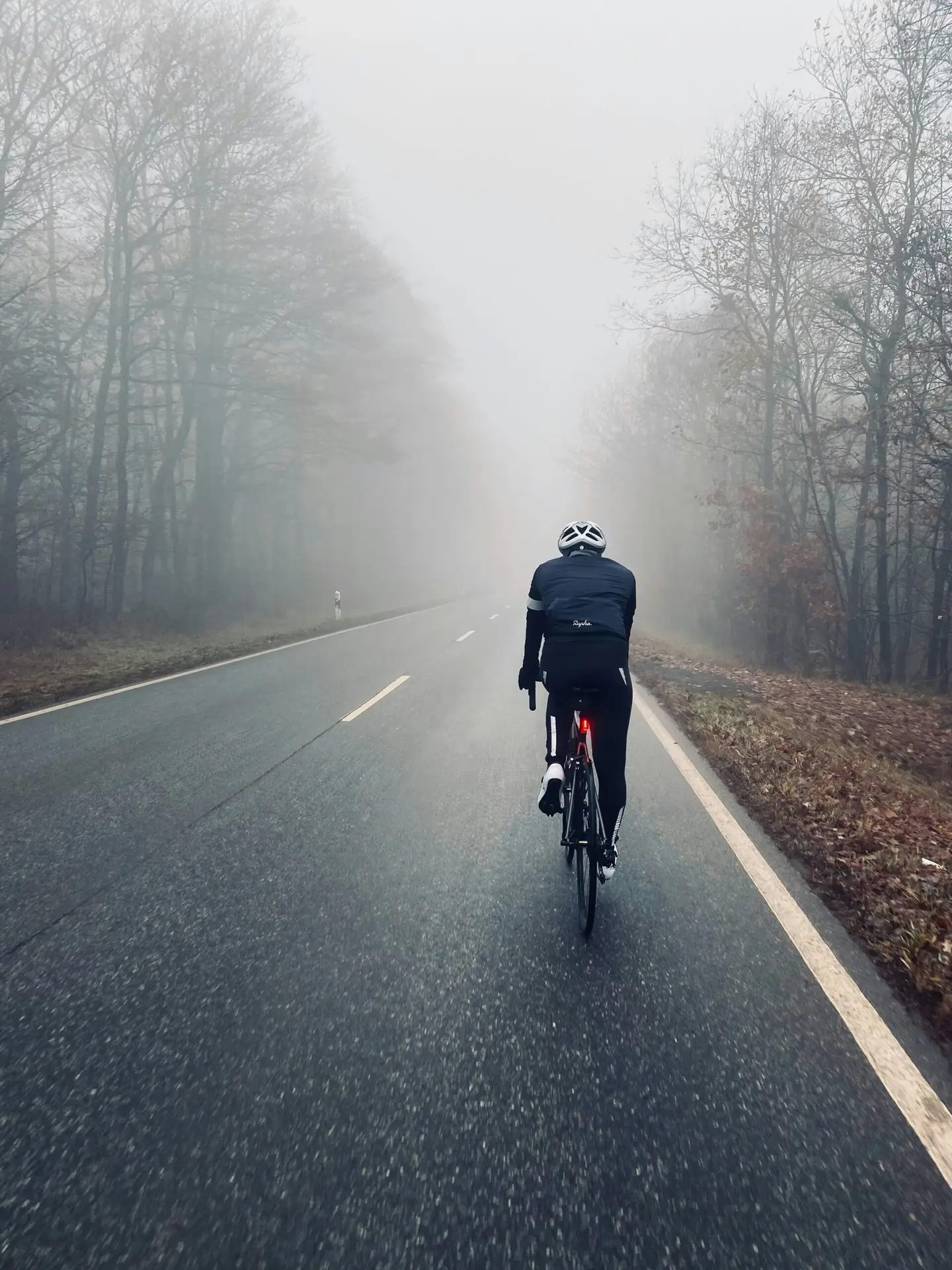 Rear view of a cyclist riding on the road with bright rear bike lights, ensuring visibility and safety